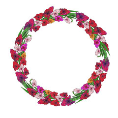 Round frame with beautiful gladiolus flowers. Festive floral circle for your season design