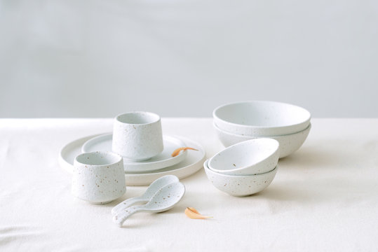 Set of white minimal tableware.