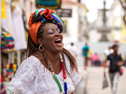 Salvador da Bahia, Brazil, Happy Brazilian Woman of African Descent Dressed in Traditional Baiana Costumes