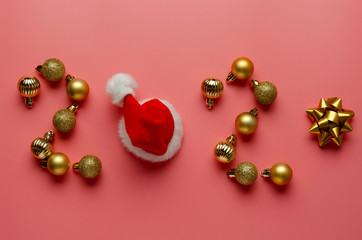 golden numbers 2020 and Christmas decorations on color back