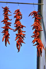 Detail of hot peppers hanging outside the house for drying.