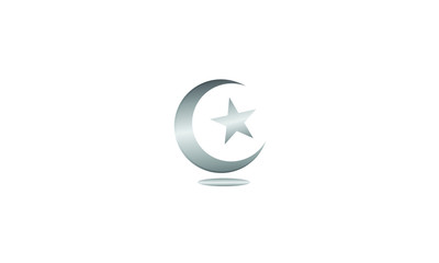 Fototapeta premium creative unique Silver shiny half moon icon with shadow isolated on white background. Crescent with star Islamic for Ramadan Kareem design element. Vector template illustration eps 10.