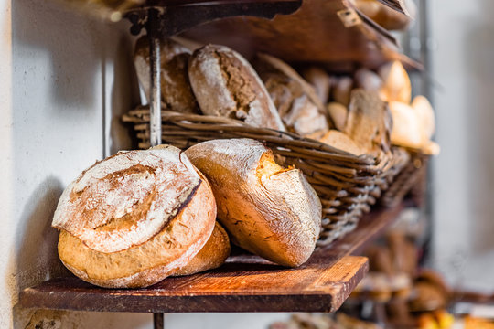 Shelves with Frresh Bread in a Bakery