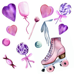 Watercolor hand painted set with pink vintage roller skate, lollipops, candy, pink balloon, fluffy pen, herts and bubbles. Bright romantic set on theme of St. Valentines Day.