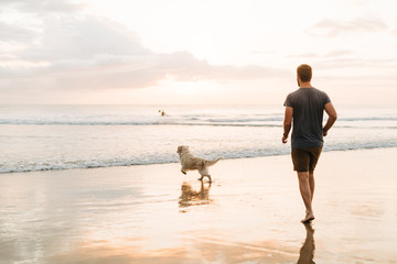 Man and dog run to ocean