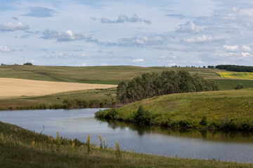 Summer, sunny day by the river flowing among fields, meadows, hills in Bashkortostan