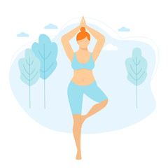 Body positive. Woman doing yoga on the nature, vector illustration. Healthy lifestyle. Yoga class, yoga center