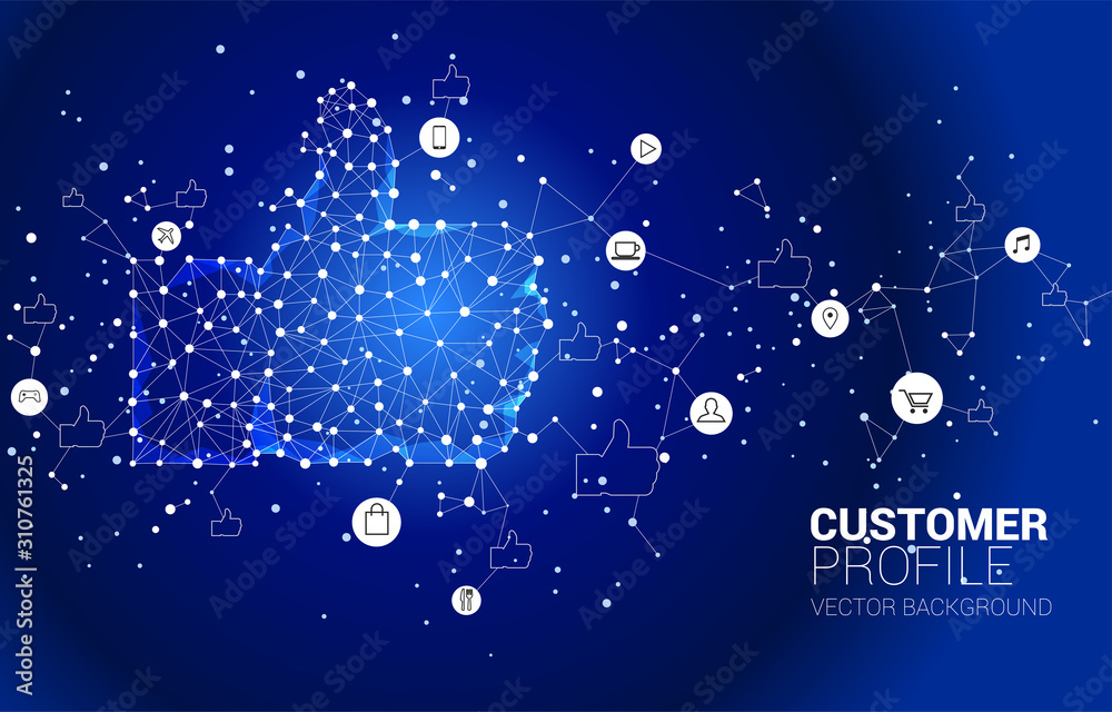 Poster thumb up icon from dot connect line polygon network. concept of customer satisfaction , client ratin