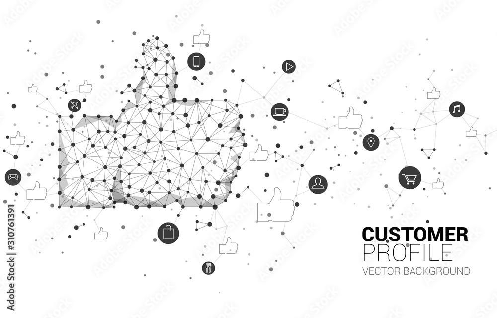Poster thumb up icon from dot connect line polygon network. concept of customer satisfaction , client rating and ranking.