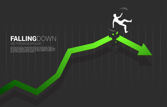 Silhouette Of Businessman Slip And Falling Down From Cracking Growing Arrow. Concept For Fail And Accidental Business