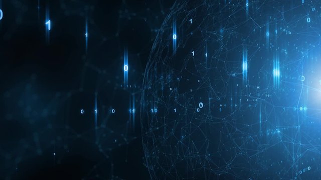 Concept cyberspace network sphere with sunlight and binary numbers motion background.