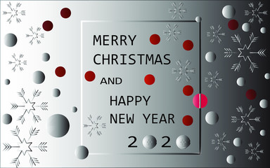 Merry Christmas and Happy 2020 New Year greeting card or banner template with realistic Christmas balls, stars and sequins.