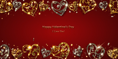 Valentine's day card with shiny hearts of silver and golden sparkles with glares and shadows on red background