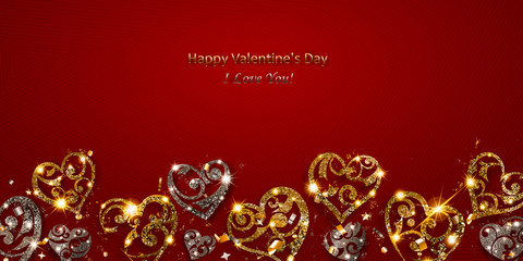 Valentine's day card with shiny hearts of silver and golden sparkles with glares and shadows on red background