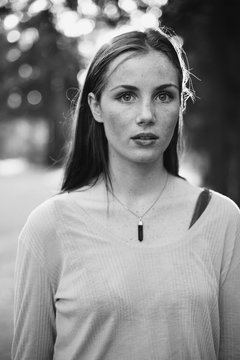 Black and White of Young Woman with Freckles