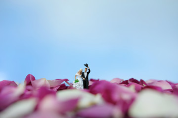 Miniature photography - outdoor marriage wedding concept, bride and groom walking on red white rose...