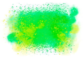 Big green and yellow splash with scattered stains isolated on white background. Website web background, template design or backdrop. Computer generated abstract illustration with copy space.