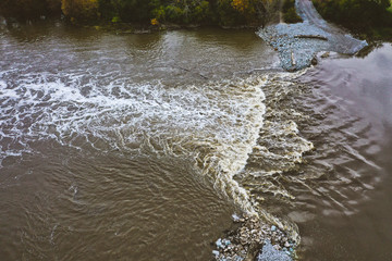 A bird's-eye view of a collapsed spillway on the White River in Indianapolis