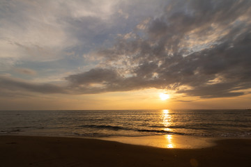 Beautiful sunset at seascape. Beach area in front of Ban Ta Nuak School Khlong Yai Subdistrict, Khlong Yai District, Hong Kong, Trat, Thailand 23110