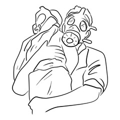 father with gas mask holding his child vector illustration sketch doodle hand drawn with black lines isolated on white background