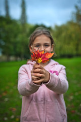 Young girl holding little bouquet of autumn leaves in front of her.