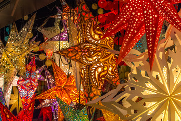 Decorative, illuminated, colorful Christmas stars 