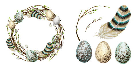 Watercolor Spring Easter wreath set. Hand drawn tree branch with feathers, eggs, leaves, willow Frame illustration. Border. Isolated design for invitations, greeting card, poster, print label concept.