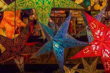Decorative, illuminated, colorful Christmas stars 