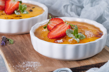 Creme brulee - traditional french vanilla cream dessert with caramelised sugar on top. Leite creme, portuguese desert