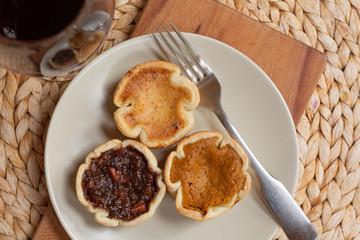 Trio of holiday tarts - pumpkin, mincemeat and butter tart