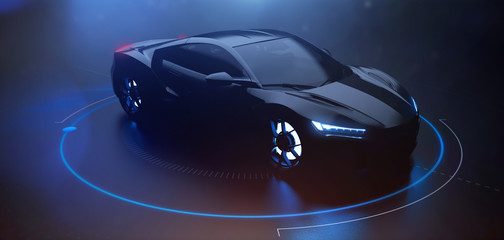 Futuristic car with technology user interface in dark environment (3D Illustration)
