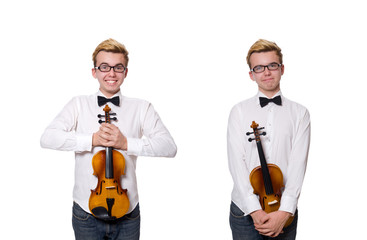 Young funny violin player isolated on white