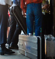 Musicians crowd the entrance of an Austin venue before a performance