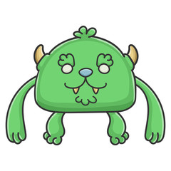 Happy furry green goblin cartoon monster