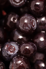 Background of fruits of the blueberries. Fresh food in macro. Shining bilberries with dew drops in close-up
