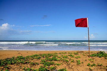 Red flag, beach and surf, blue skies, Caribbean sea
