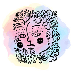 Modern black white abstract graphic poster woman face. Watercolor stain.  Vector isolated illustration.