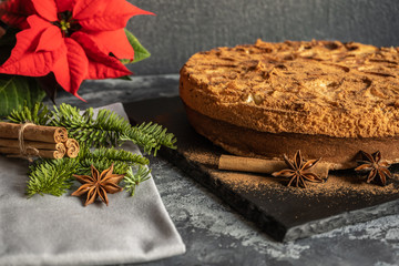 Apple pie with cinnamon on the table, Christmas fir branch on the table with cinnamon sticks and star anise