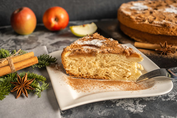 Apple pie with cinnamon on the table, a piece of apple pie on a white plate, Christmas fir branch with cinnamon sticks and star anise