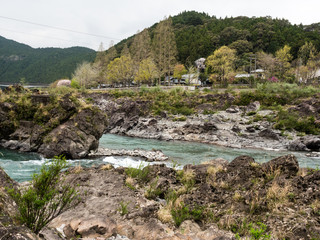 Scenic Naka river running through the mountains of Tokushima prefecture in the vicinity of Tairyuji, temple 21 of Shikoku pilgrimage
