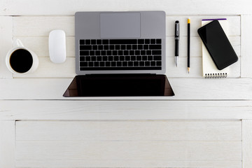 Flat lay, top view wooden office desk Workspace