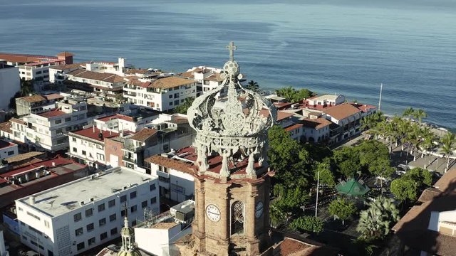 Aerial view of Puerto Vallarta city in Mexico Guadalupe Church Parroquia de Nuestra Se&ntilde;ora de Guadalupe Drone orbiting 4K part 3.