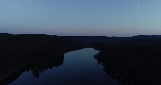 Aerial viev of  peaceful morning dawn, before sunrise over the lake in south Norway. (G&aring;sefl&aring;).