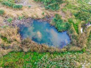 aerial view of lake with clouds and trees