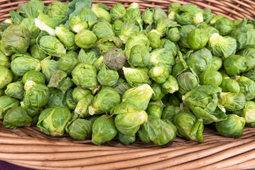 Basket of fresh bright green brussell sprouts