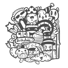 Happy birthday party with cute monsters doodle