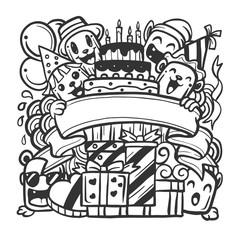 Happy birthday party with cute monsters doodle