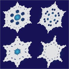Set of isolated falling snowflakes on blue background.
