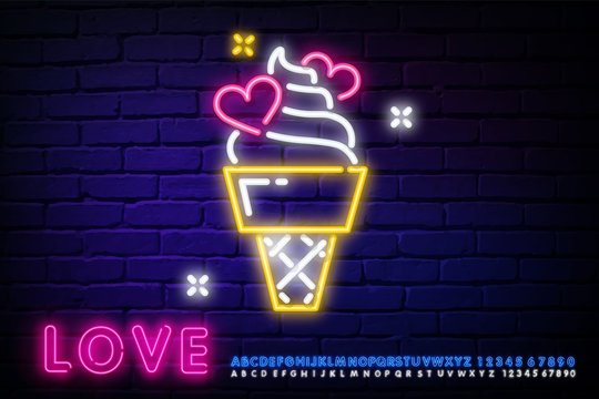 Ice cream with hearts neon sign. Dessert in waffle cone on brick wall background. Night bright advertisement. Vector illustration in neon style for cafe or candy shop