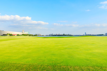 Suzhou city skyline and green grass on a sunny day.